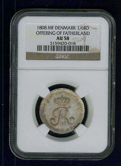 DENMARK OFFERING OF THE FATHERLAND 1808 MF 1/6 RIGSDALER SILVER 