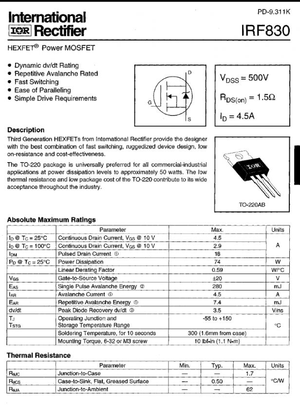 IRF830 Pb Free RoHS PWR MOSFET N Ch 4.5A 500V 1.5Ω  