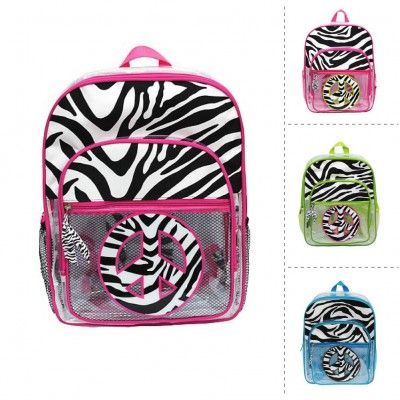 CLEAR ZEBRA PRINT PEACE SIGN BACKPACK BOOK BAG  