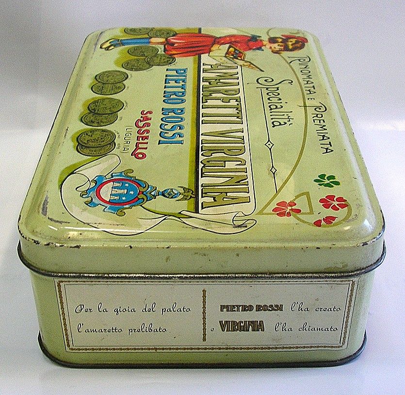 TOLEWARE LITHOGRAPHY TIN BOX AMARETTI VIRGINIA PIETRO ROSSI LIGURIA 