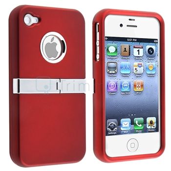 DELUXE Red CLIP ON HARD CASE COVER W/CHROME STAND FOR iPhone 4 G 4S 