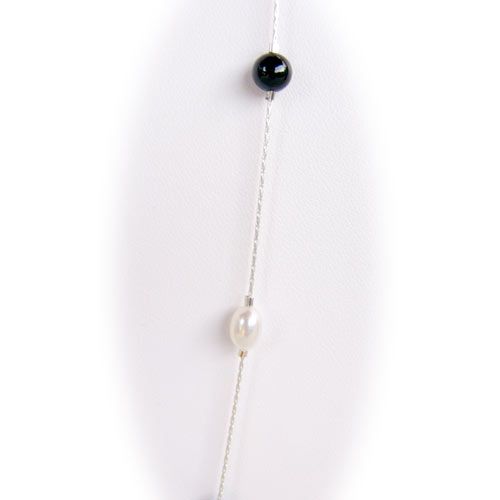 Black Onyx Stone Freshwater Pearls 925 Sterling Silver Chain Necklace 