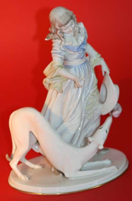 ROSENTHAL OPPEL PORCELAIN STATUE LADY & GREYHOUNDUN  