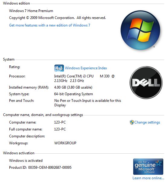 Dell Inspiron laptop 1764 Core i3 330M 2.13ghz Win 7 Prem 4G Mem 500G 