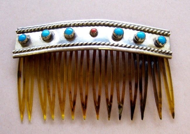 Vintage Mexican turquoise coral silvertone hair comb  