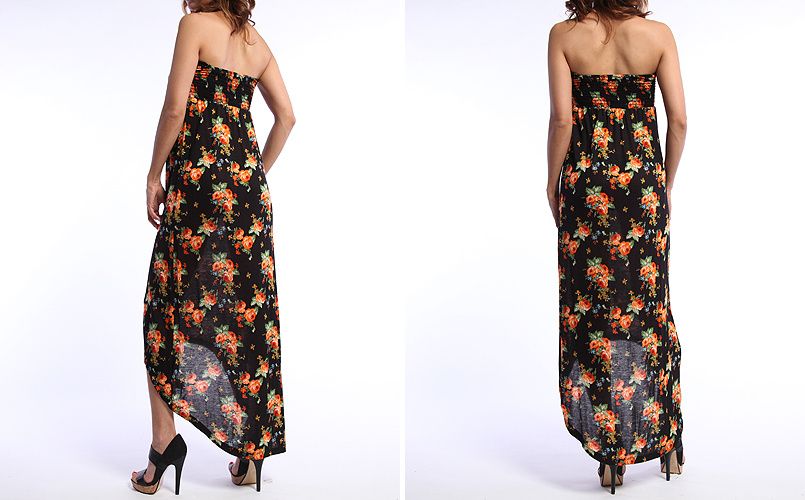 MOGAN BOHO Flower Print Smocked Strapless MIDI DRESS Hi Low Hem 