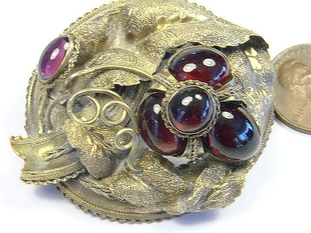 QUALITY ANTIQUE ENGLISH 15K GOLD CABOCHON GARNET PIN NR  