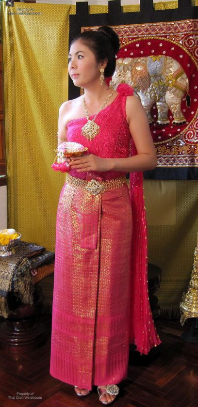 Full Thai Upper Class Wedding Dress Set Pink Rose sz S  