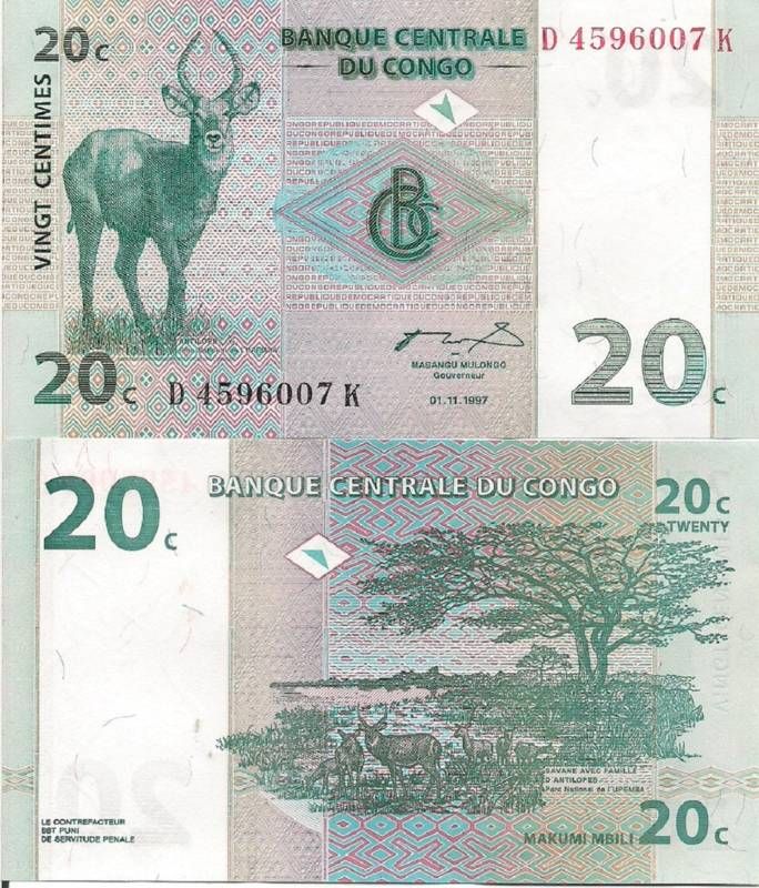 Congo P83a, 20 Centimes,antelope / Upemba National Park  