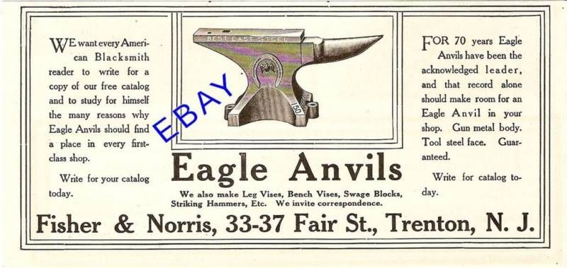 1912 FISHER NORRIS EAGLE BLACKSMITH ANVIL AD TRENTON NJ  
