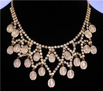 VINTAGE ART DECO RHINESTONE & FROSTED MELON BEAD FESTOON NECKLACE c 