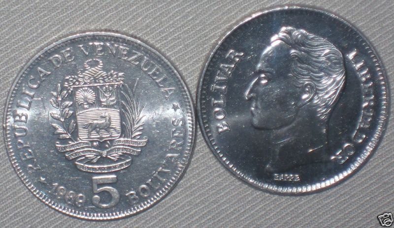 1989 VENEZUELA COIN 5 BOLIVARES Barre SILVER Collectors  