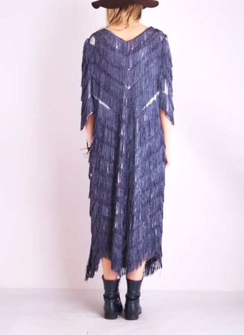 Vtg Gunmetal TIE DYE FRINGE Draped Shaggy Hippie BELL KIMONO Dress 