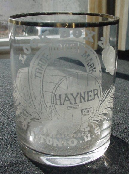 HAYNER WHISKEY fancy etched SHOT GLASS w/Gold Rim  