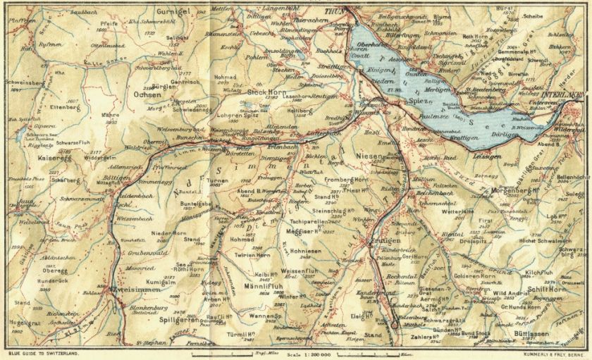 SWITZERLAND Zweisimmen Frutigen lake Thun, 1923 map  