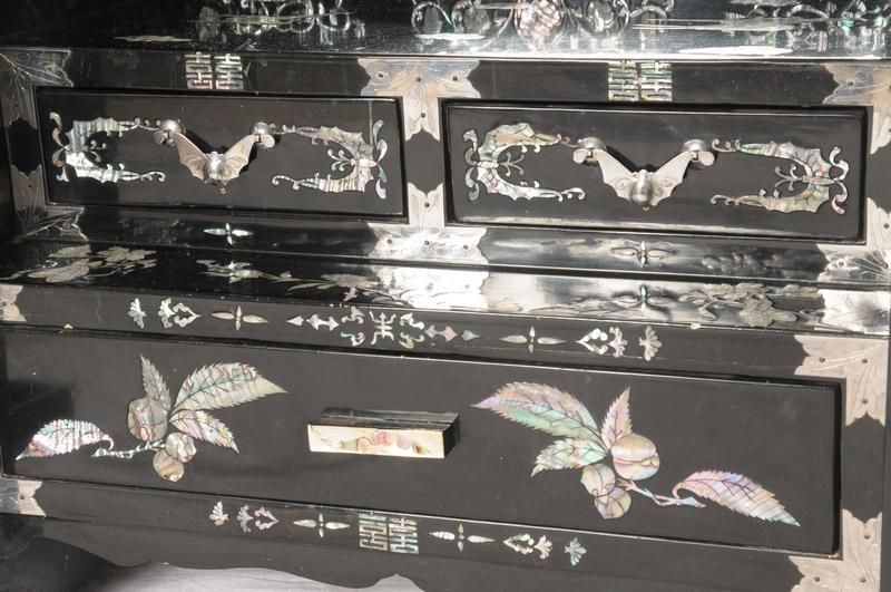 Korean Chest wMirrored Vanity Inlay Pearl Black Lacquer  