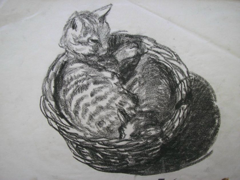 FRAMED BELGIAN DRAWING FRANS SMEERS KITTENS IN BASKET  