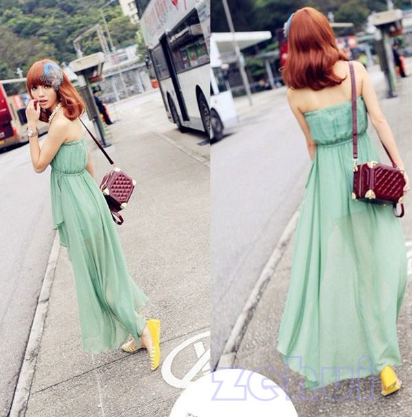 New Green Womens Strapless Temperament Irregular Skirt Gauze Long Maxi 