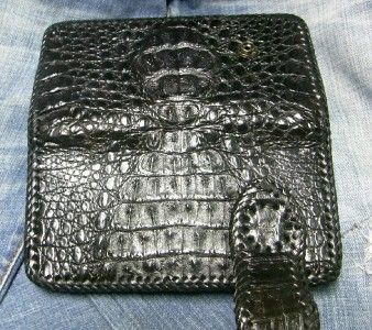   CROCODILE CAIMAN HORNBACK LEATHER BIFOLD BIKER WALLET BLACK  