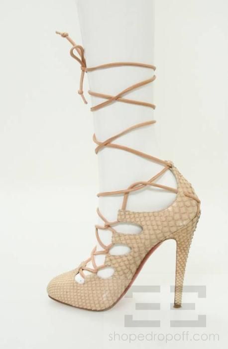   Louboutin Blush Python Lace Up Bloody Mary Heels Size 38.5  