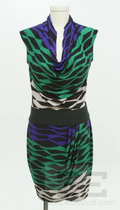 BCBG Max Azria Green, Royal Blue & Black Print Pleated Cap Sleeve 