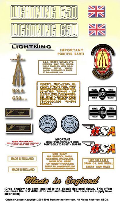 BSA A65 Lightning Decals  All Models 1964 71  FULL SETS  