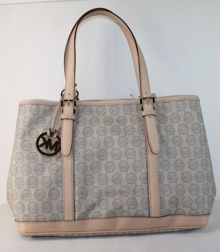 NEW MICHAEL KORS AMAGANSETT MONOGRAM ZIP TOP TOTE BEIGE BUFF NWT $198 