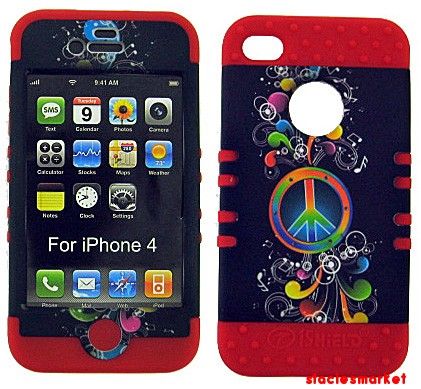 iPhone 4 4S Hybrid Silicone Skin + Hard Case Music Note on Red  