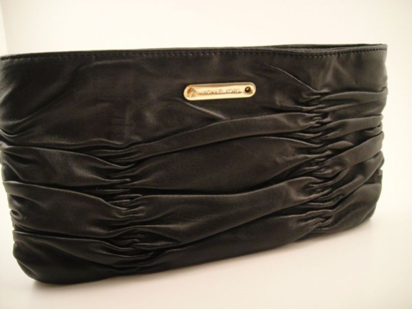 NEW Michael Kors Webster Wallet Clutch BLACK Leather Ruched Handbag 