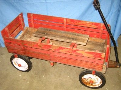 VTG STEEL & WOOD RADIO FLYER WAGON w/ SIDE SEAT PIECE  