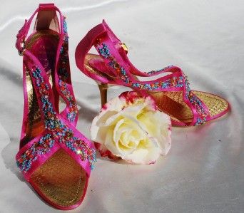 BN AUTH Rene Caovilla Fuchsia Beaded Heels 38  