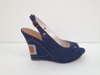   GUESS Denim Brown GRANGER Peep Toe Slingback Wedge Shoes Heels  