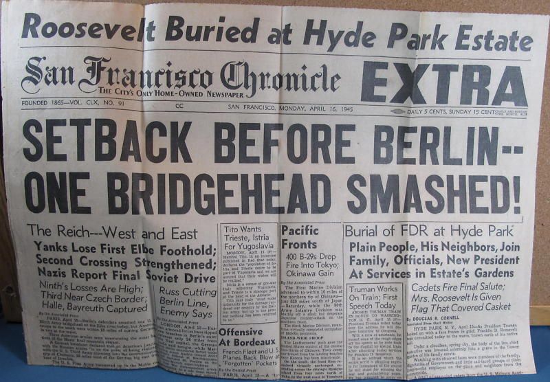 WWII Berlin FDR SF Chronicle CA Newspaper April 16 1945  