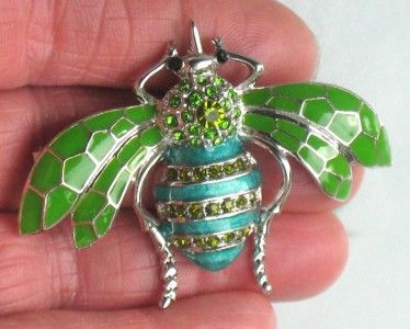 VINTAGE STYLE GREEN CRYSTALS BEE BUG CICADA BROOCH PIN  