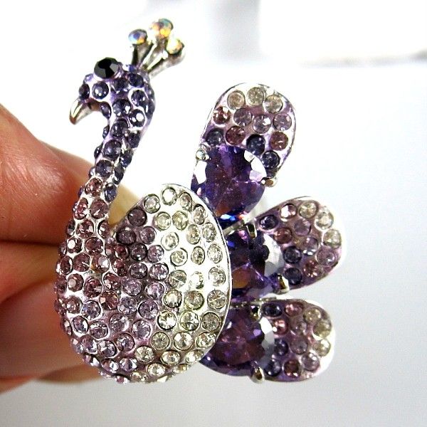 18K GP purple rhinestones crystal peacock open ring  