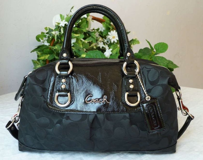 MINT COACH ASHLEY SIGNATURE BLACK SATEEN SATCHEL 15443  