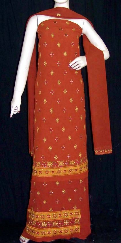 RUSTY BROWN INDIAN SALWAR KAMEEZ SUIT MATERIAL w RESHAM PHULKARI EMBR 