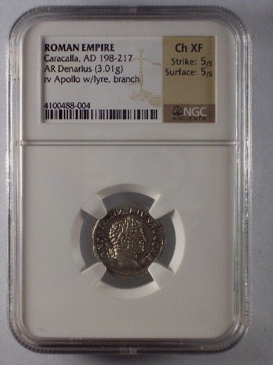 Caracalla AR Denarius, Apollo Reverse, NGC Ch XF  