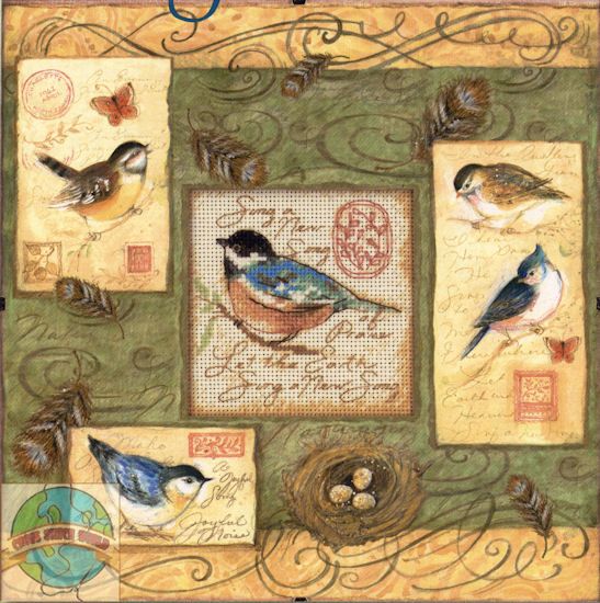 Cross Stitch Kit Spring Birds and Swirls Design & Frame  