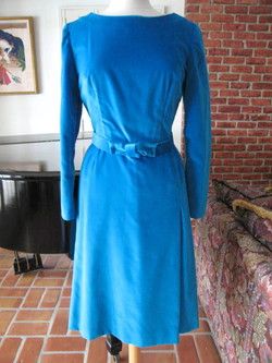 TURQUOISE VELVET VELVETEEN VINTAGE 50s PARTY DRESS~S/M  