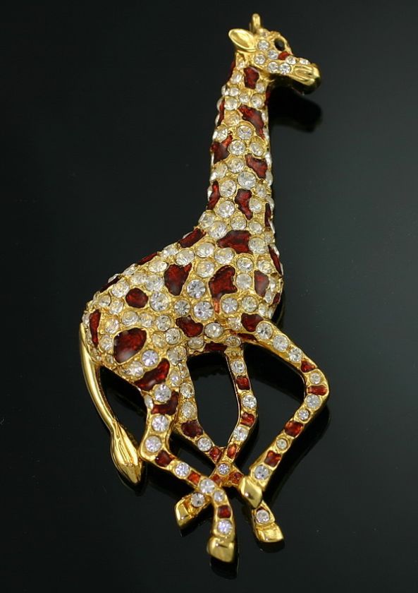 Vintage Giraffe Enamel Rhinestone 3.75 Big Pin England Gold Signed 