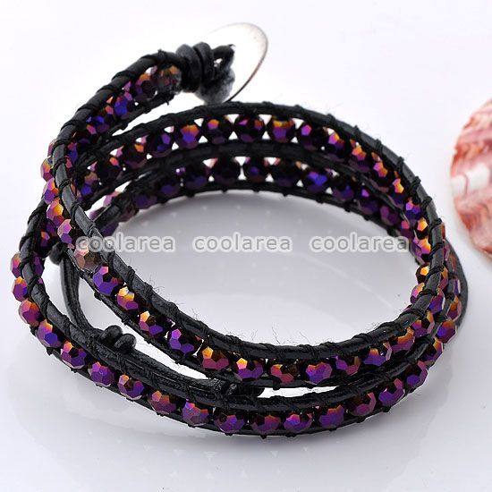   Hot STYLE Crystal Glass Bead Black Leather 2 Wrap Bracelet  