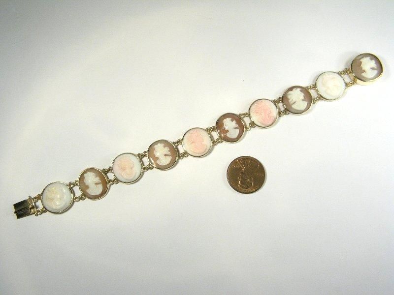   ANTIQUE 9K GOLD SHELL PINK CONCH SHELL CAMEO BRACELET MAIDENS c1900