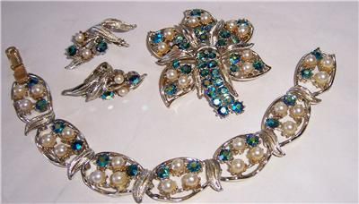 Signed Coro Rhinestone Pearl Bracelet Pin & Earrings  