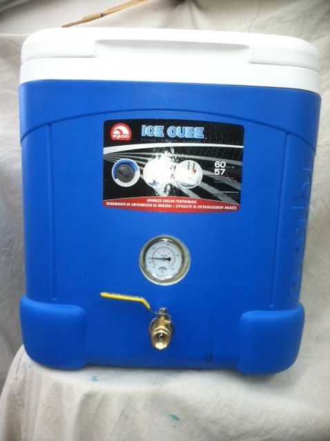 FIFTEEN GALLON COOLER MASH TUN WITH SPARGE, THERMOMETER AND VALVE 