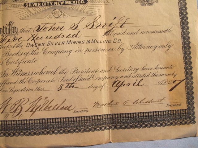 1887 Owens Silver Mining & Milling Co Stock Certificate State New 