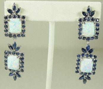   36ctw Opal & Genuine Sapphire 925 Silver Sterling Earrings 9.9g Dangle