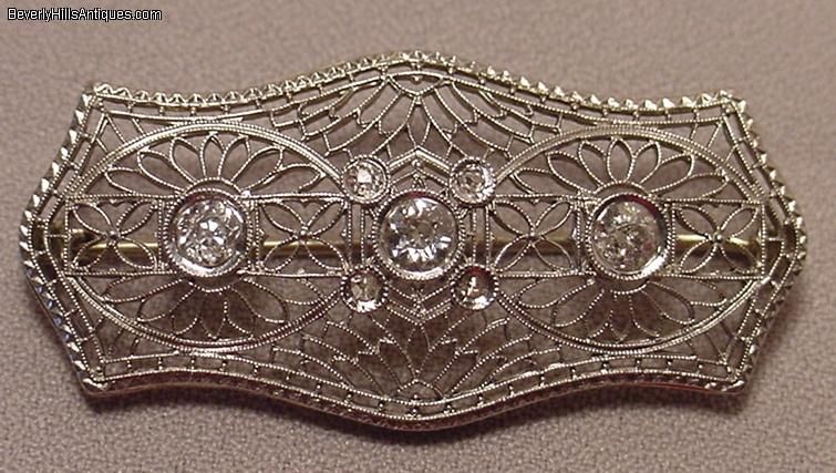 Antique Art Deco 14k WG Diamonds Filigree Brooch  