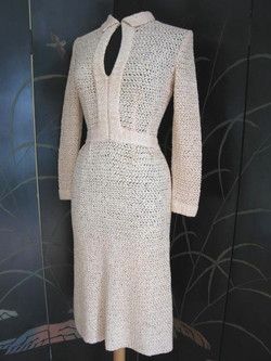 ANTIQUE RIBBON KNIT VINTAGE 1940s 40s IVORY DRESS~S  