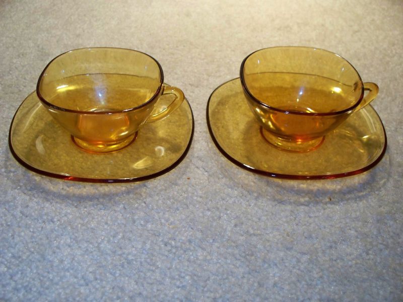 France Vereco Amber Square cut Cup & Saucer Vintage  